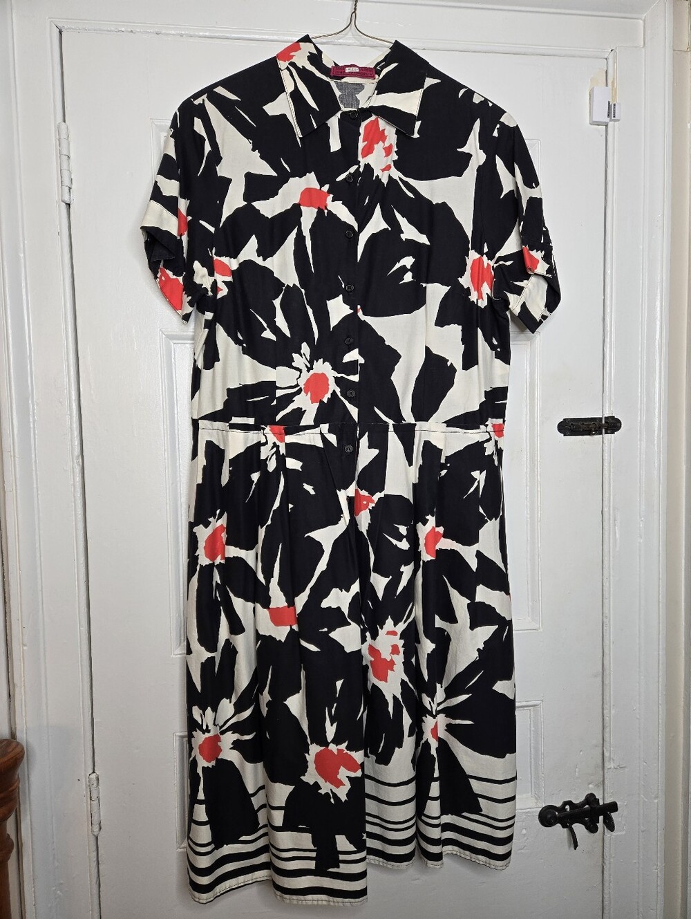 Melissa Masse Black & White Floral Midi Dress with Burnt Orange Accents